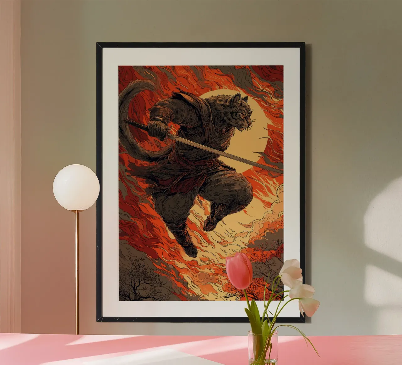 Combattere un gatto samurai in una tempesta di fuoco poster con telaio in plastica da pixelbull - medieval art and more