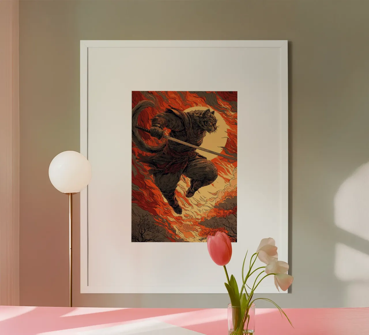 Combattere un gatto samurai in una tempesta di fuoco poster con telaio in plastica da pixelbull - medieval art and more