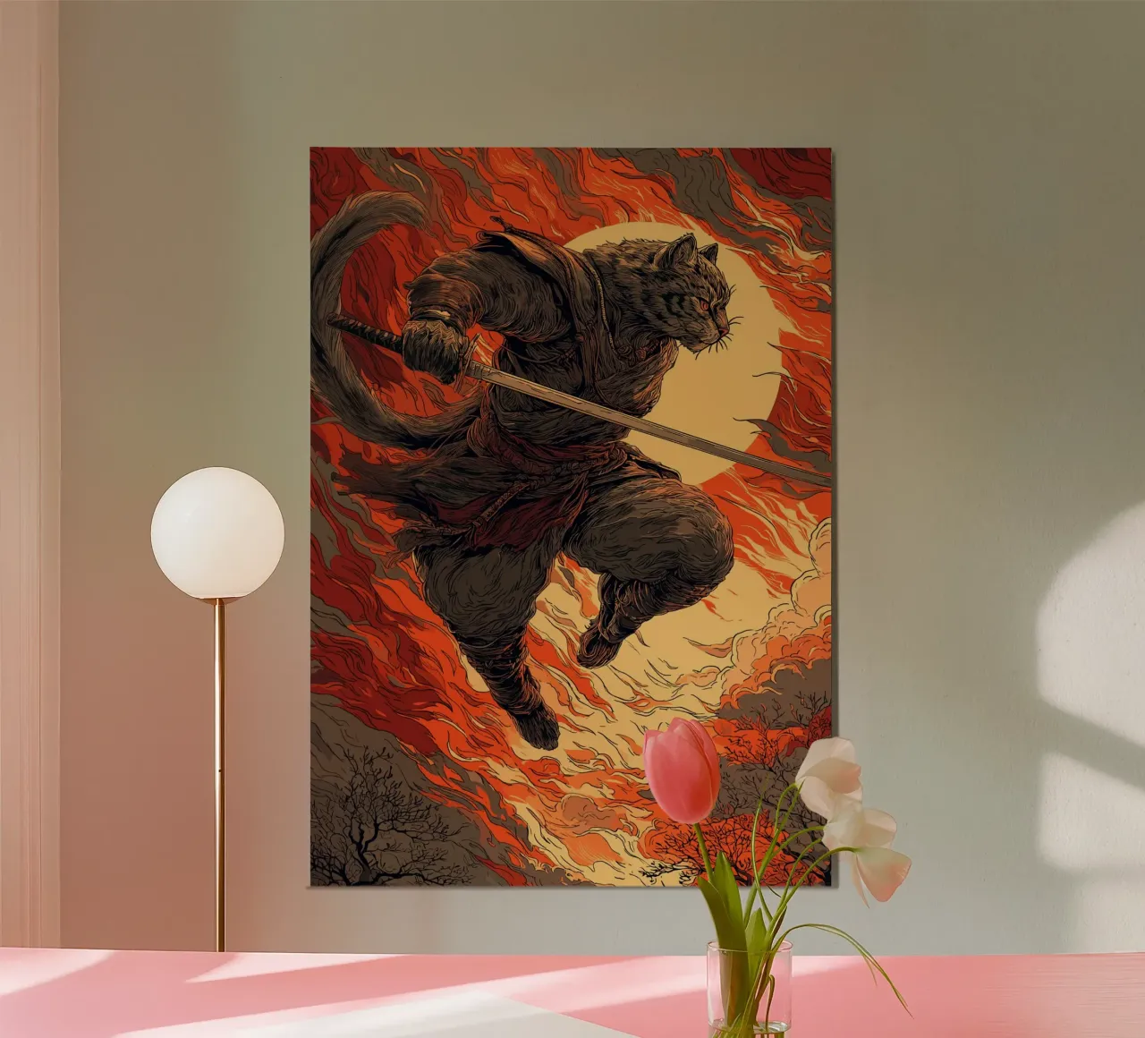 Combattere un gatto samurai in una tempesta di fuoco poster con telaio in plastica da pixelbull - medieval art and more