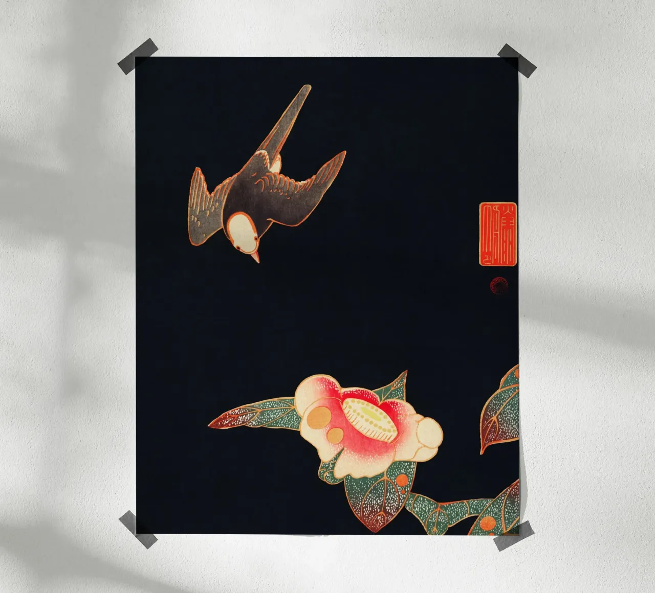 Swallow and Camellia poster con telaio in plastica da vintageshop