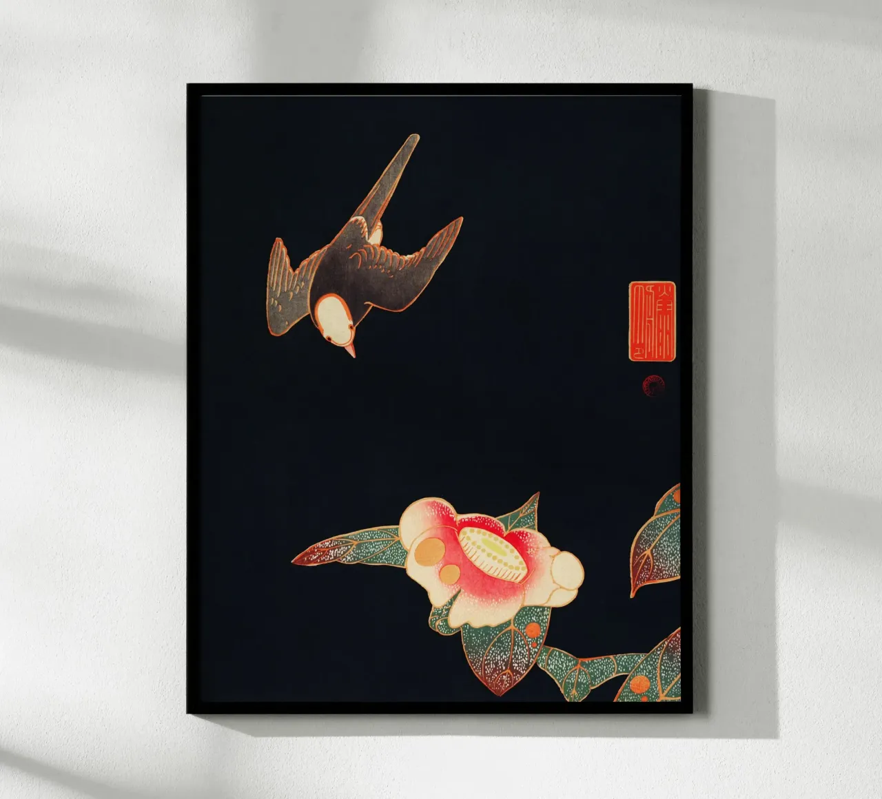 Swallow and Camellia poster con telaio in plastica da vintageshop