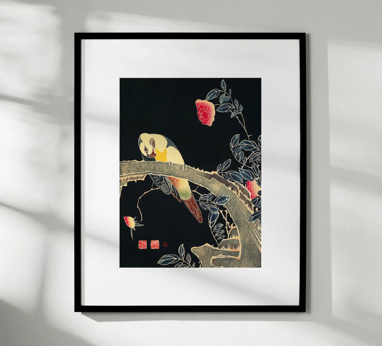 Parrot on the Branch of a Flowering Rose Bush poster con telaio in plastica da vintageshop