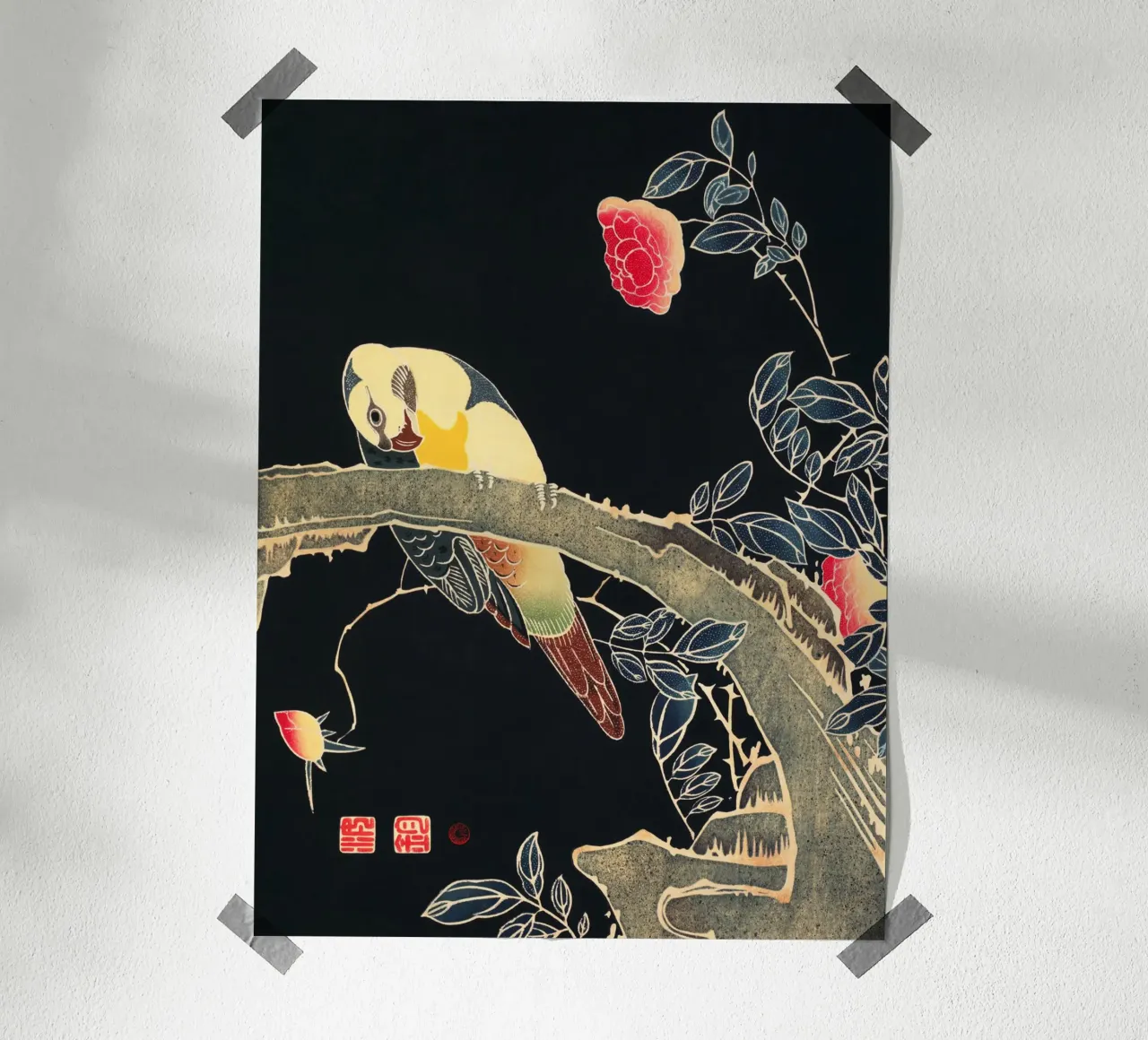 Parrot on the Branch of a Flowering Rose Bush poster con telaio in plastica da vintageshop