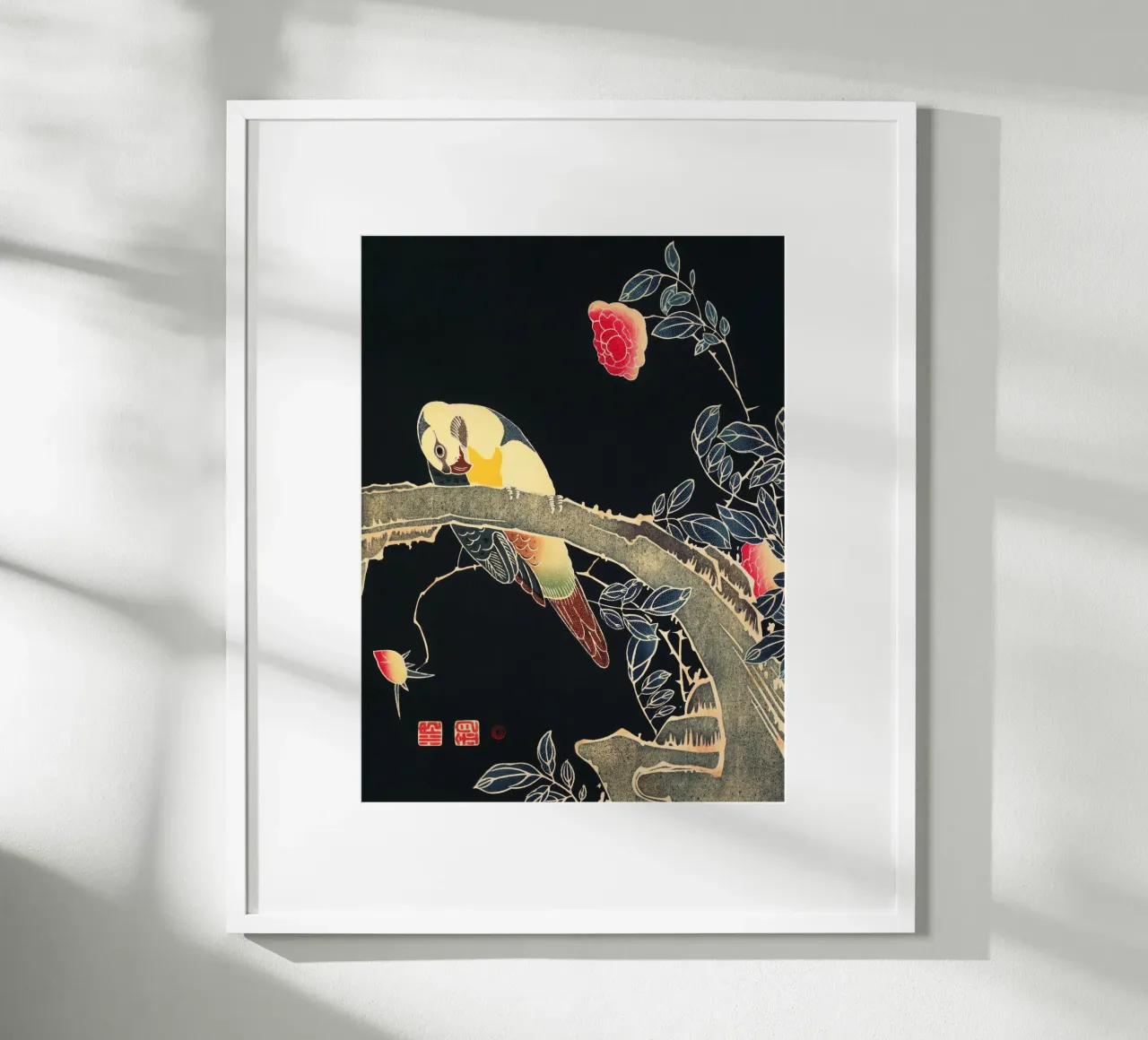 Parrot on the Branch of a Flowering Rose Bush poster con telaio in plastica da vintageshop