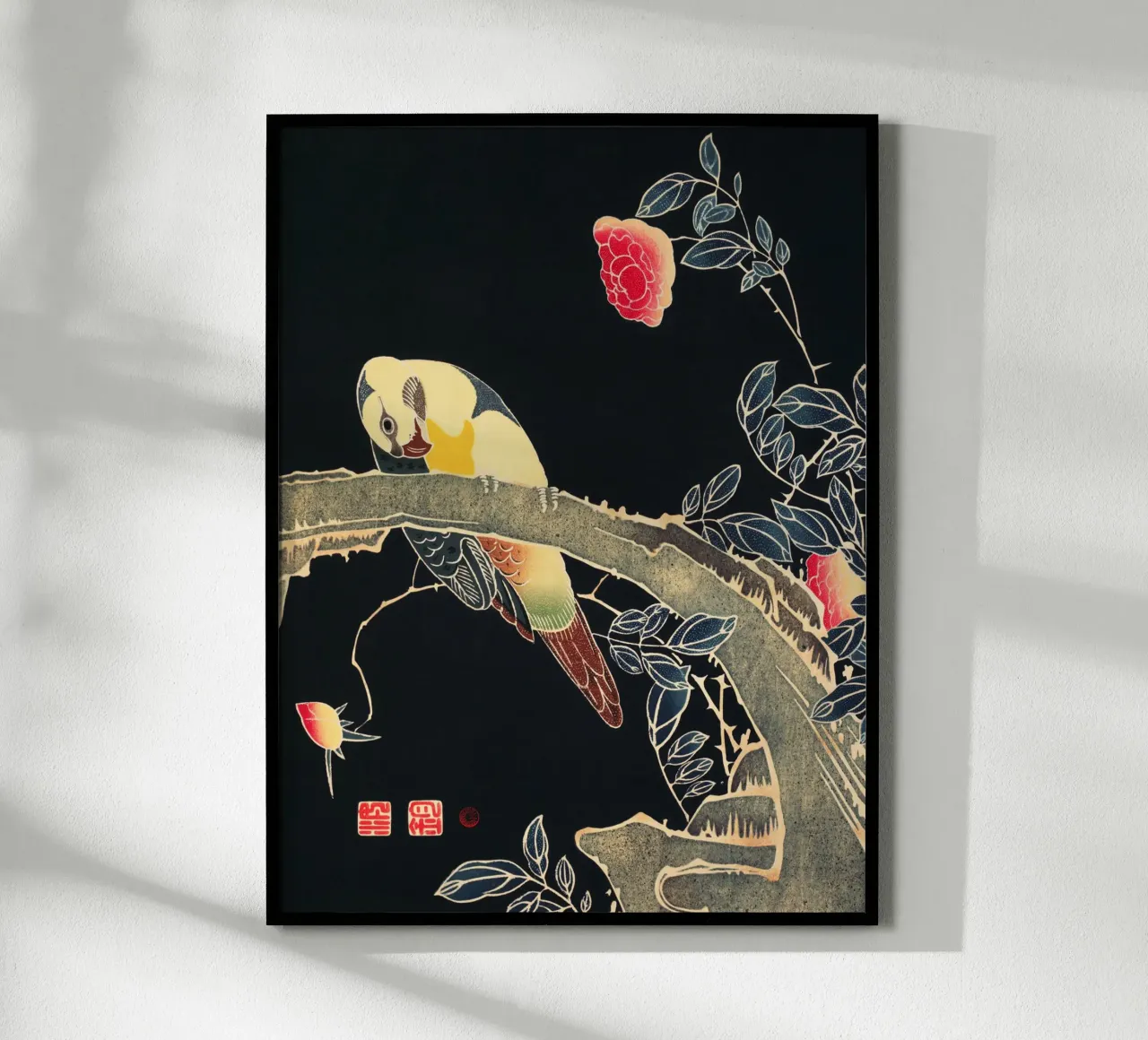 Parrot on the Branch of a Flowering Rose Bush poster con telaio in plastica da vintageshop
