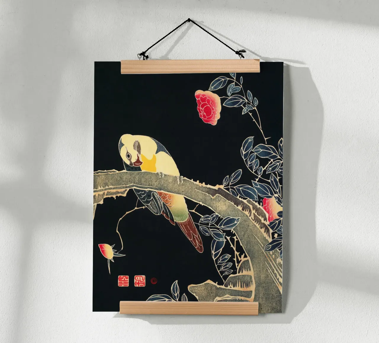 Parrot on the Branch of a Flowering Rose Bush poster con telaio in plastica da vintageshop