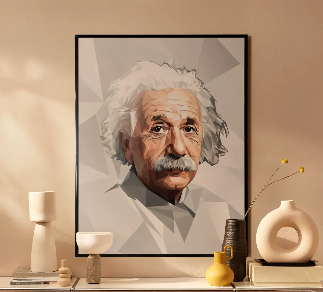 Albert Einstein Lowpoly poster con telaio in alluminio da Low Profile