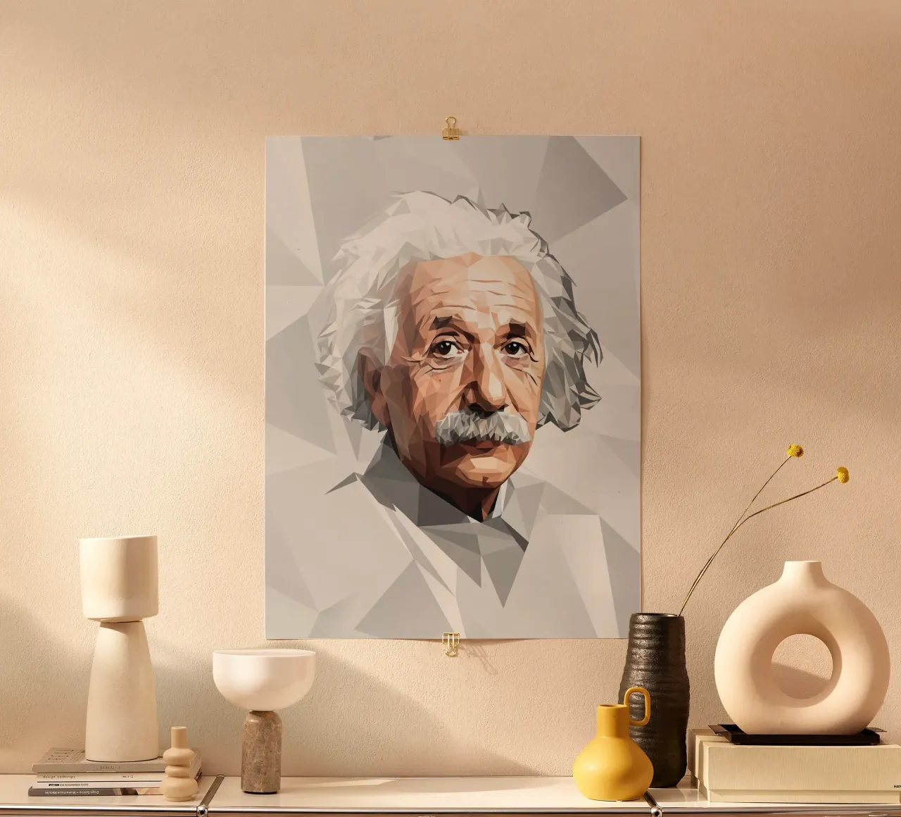 Albert Einstein Lowpoly poster con telaio in alluminio da Low Profile