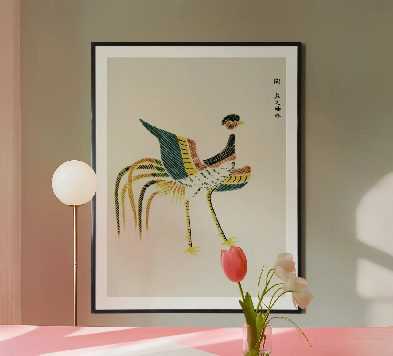 woodblock print of crane poster con telaio in alluminio da vintageshop