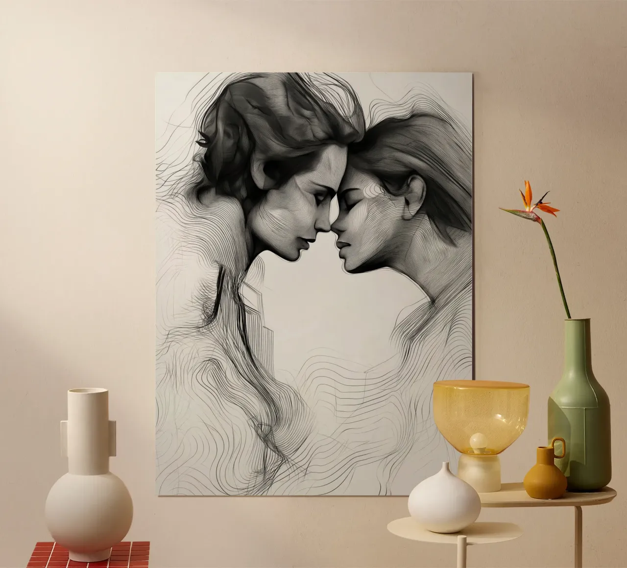 Il bacio | Dichiarazione grafica d'amore in bianco e nero poster con telaio in legno da Autofocus