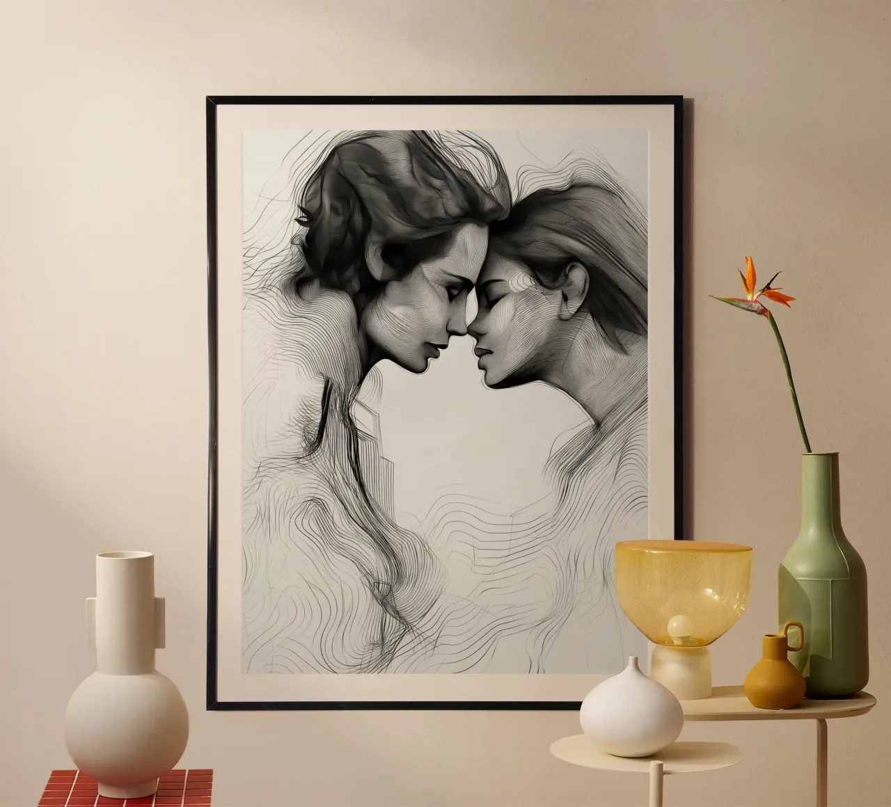Il bacio | Dichiarazione grafica d'amore in bianco e nero poster con telaio in legno da Autofocus