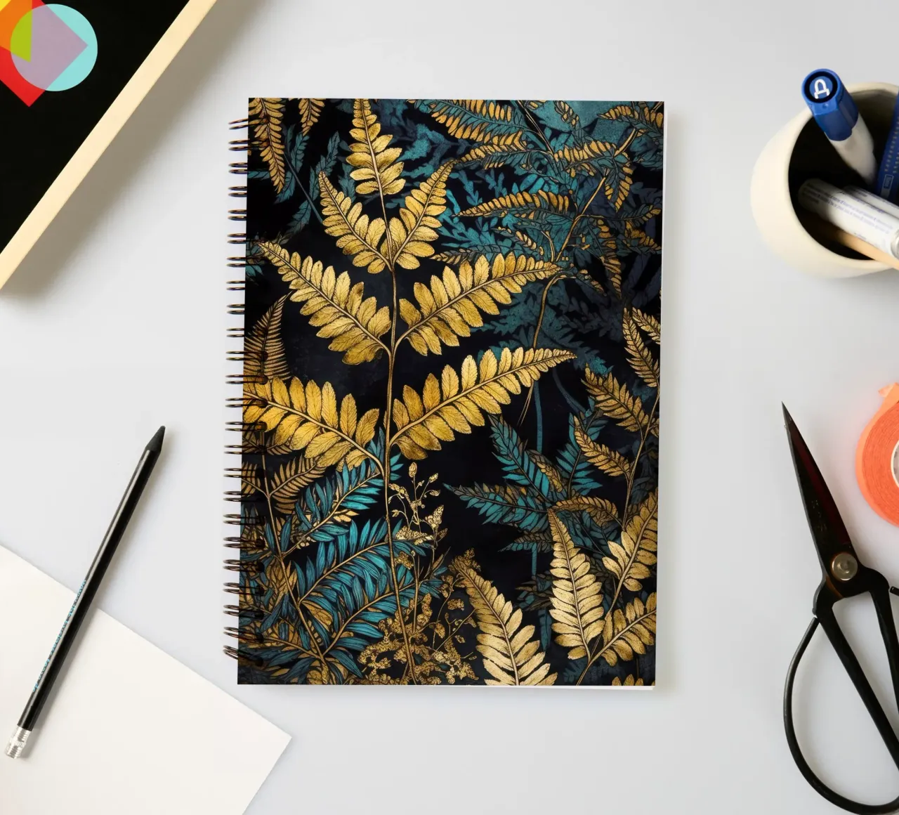 Golden ferns in the forest spiral notebook by Justyna Jaszke JBJart