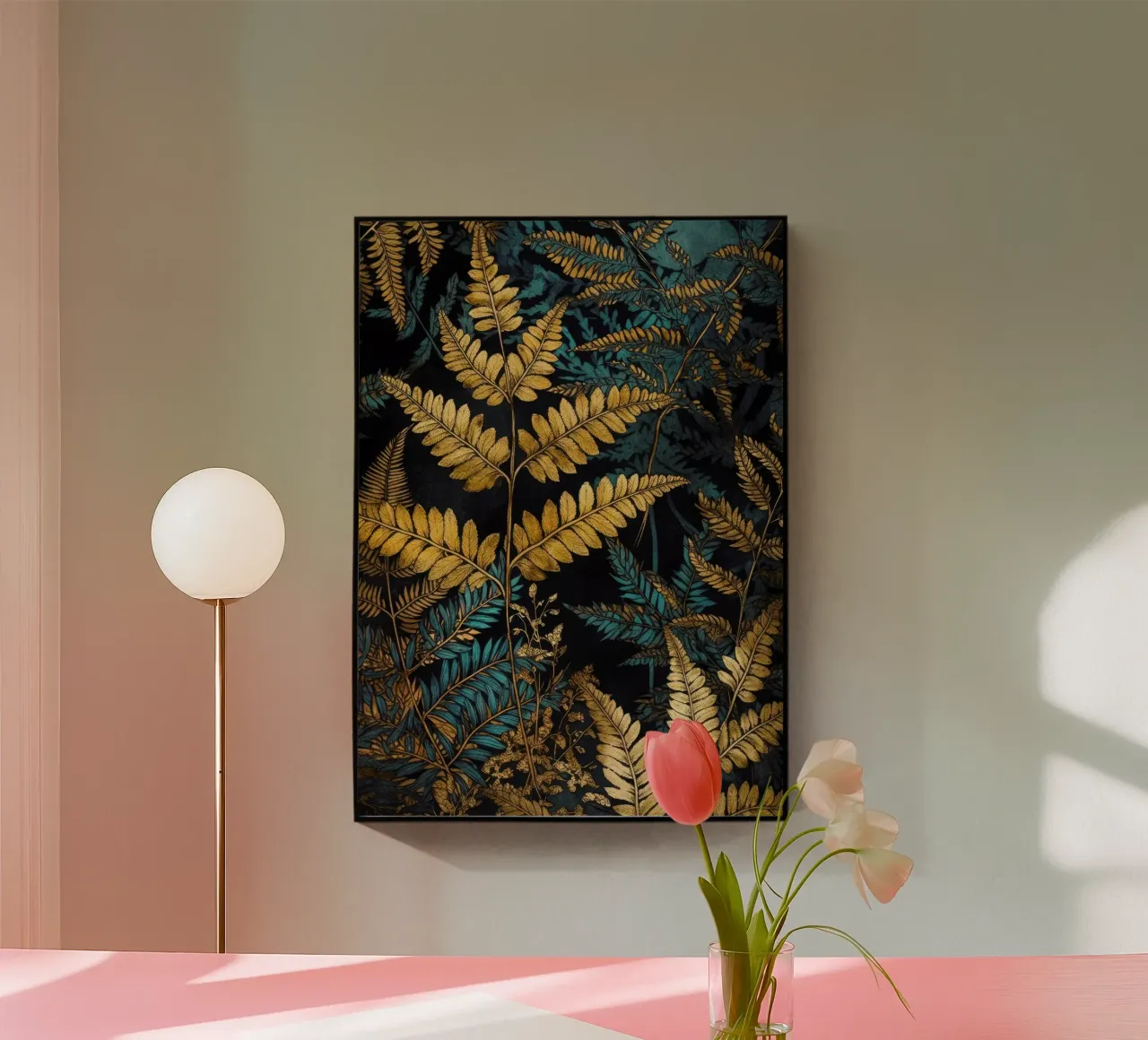 Goldene Farne im Wald Acryl-Glas von Justyna Jaszke JBJart