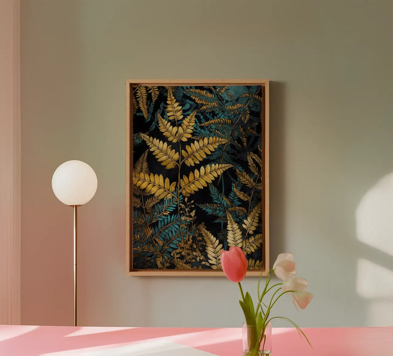 Golden ferns in the forest canvas with Floater frame by Justyna Jaszke JBJart
