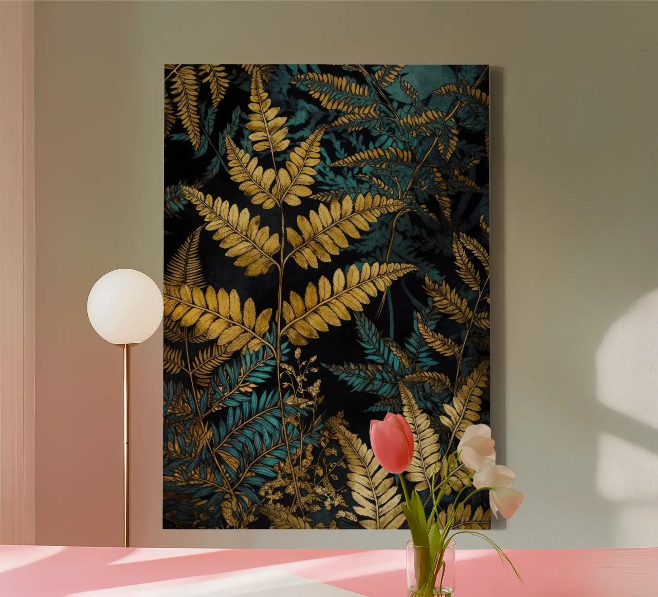 Golden ferns in the forest canvas with Floater frame by Justyna Jaszke JBJart