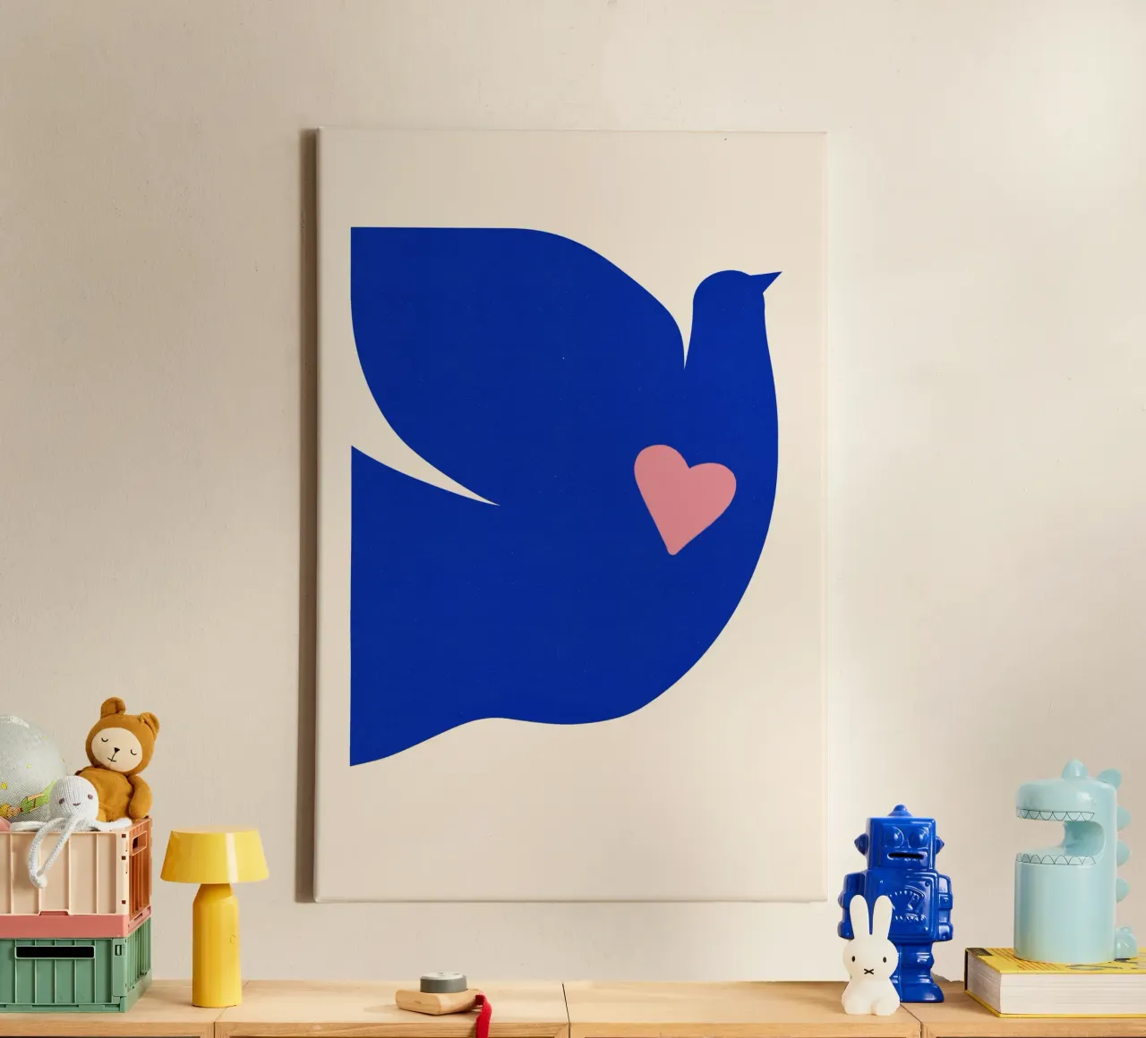 Peace Poster - Colombe bleue avec cœur dans un style minimaliste toile avec Caisse américaine de Studio Sori