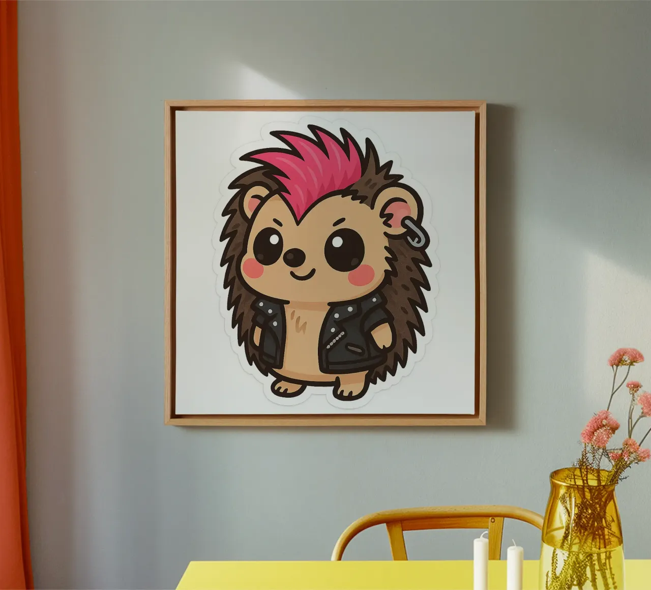 Sticker Hedgehog Punk Kawaii - Cresta rosa e giacca nera tela con Cornice a cassetta da Punk & Cute - Affiches & Stickers