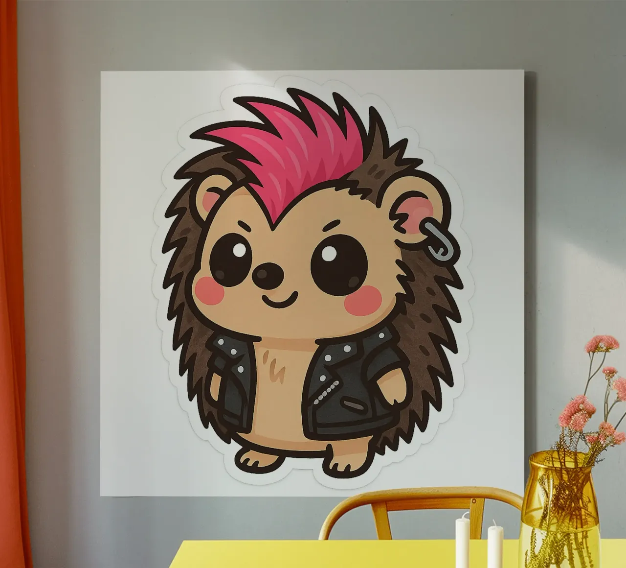 Sticker Hedgehog Punk Kawaii - Cresta rosa e giacca nera tela con Cornice a cassetta da Punk & Cute - Affiches & Stickers