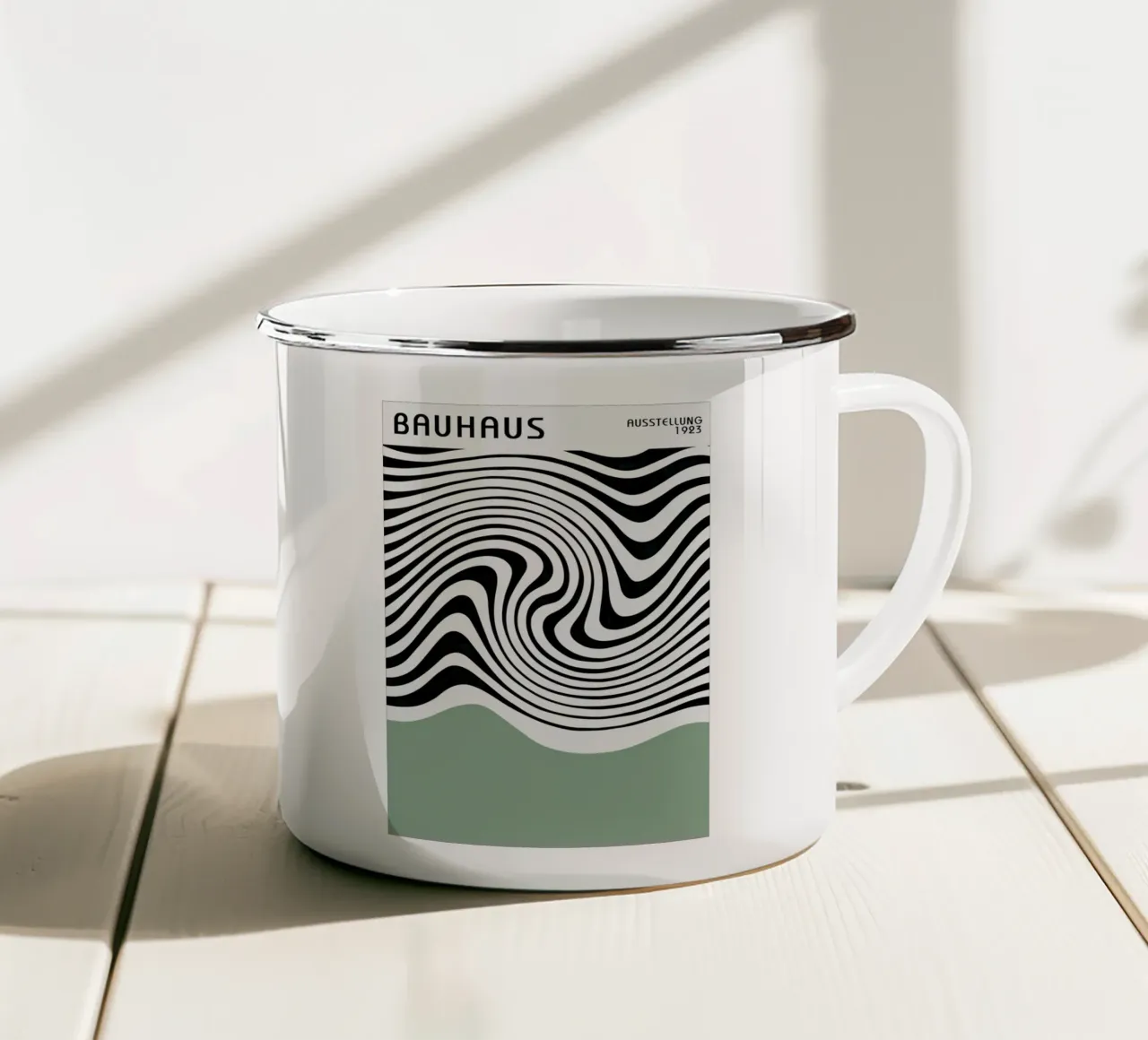 Poster astratto Bauhaus a linee ondulate in bianco e nero tazza in smalto da Grungeo