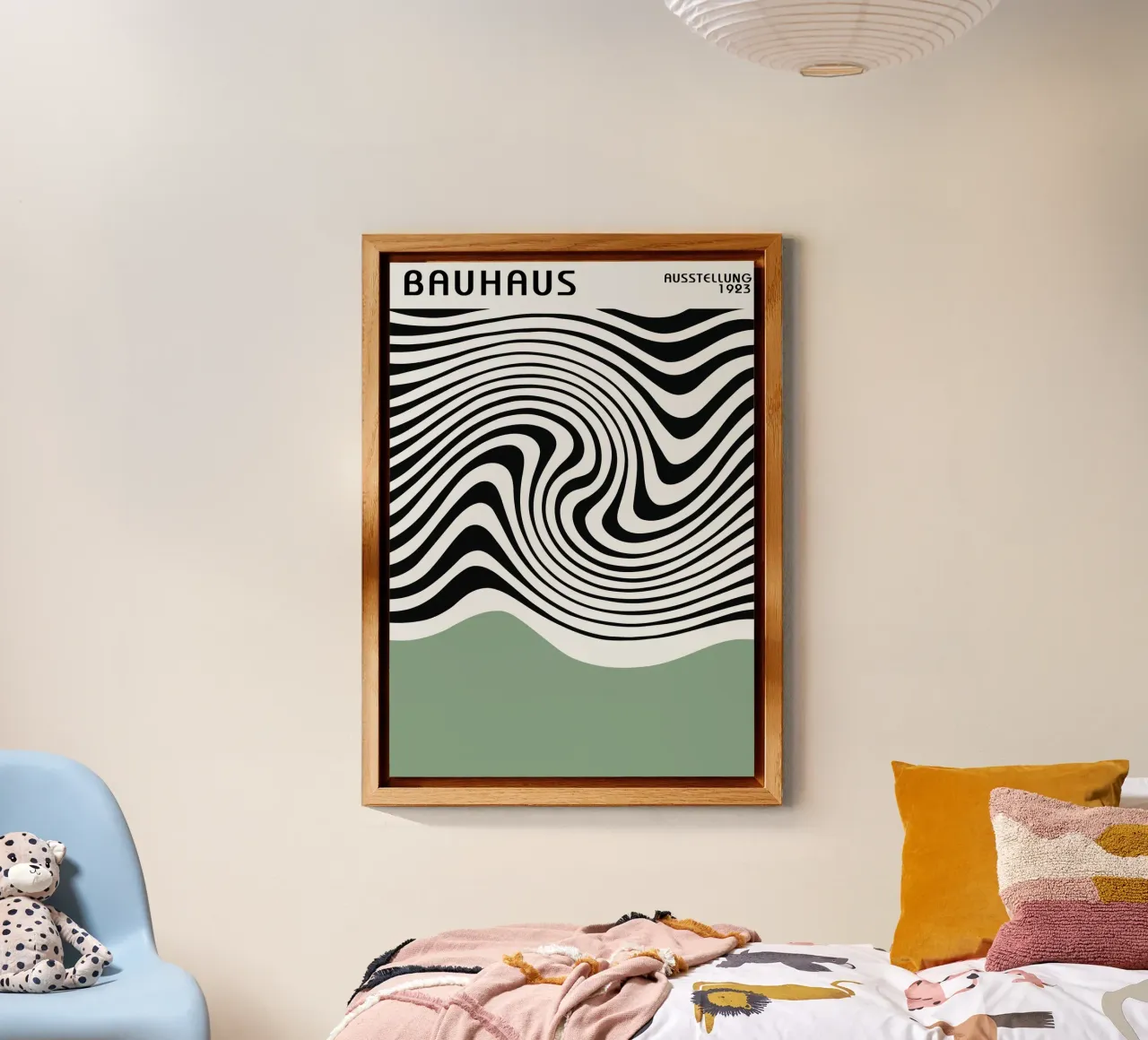 Poster astratto Bauhaus a linee ondulate in bianco e nero alluminio dibond da Grungeo