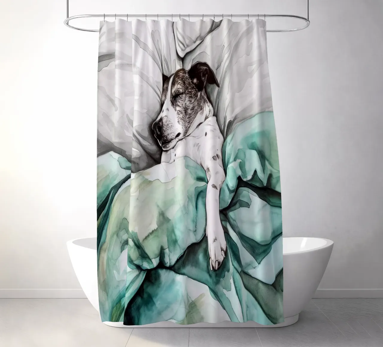 Another Sleeping dog in my bed shower curtain by Justyna Jaszke JBJart