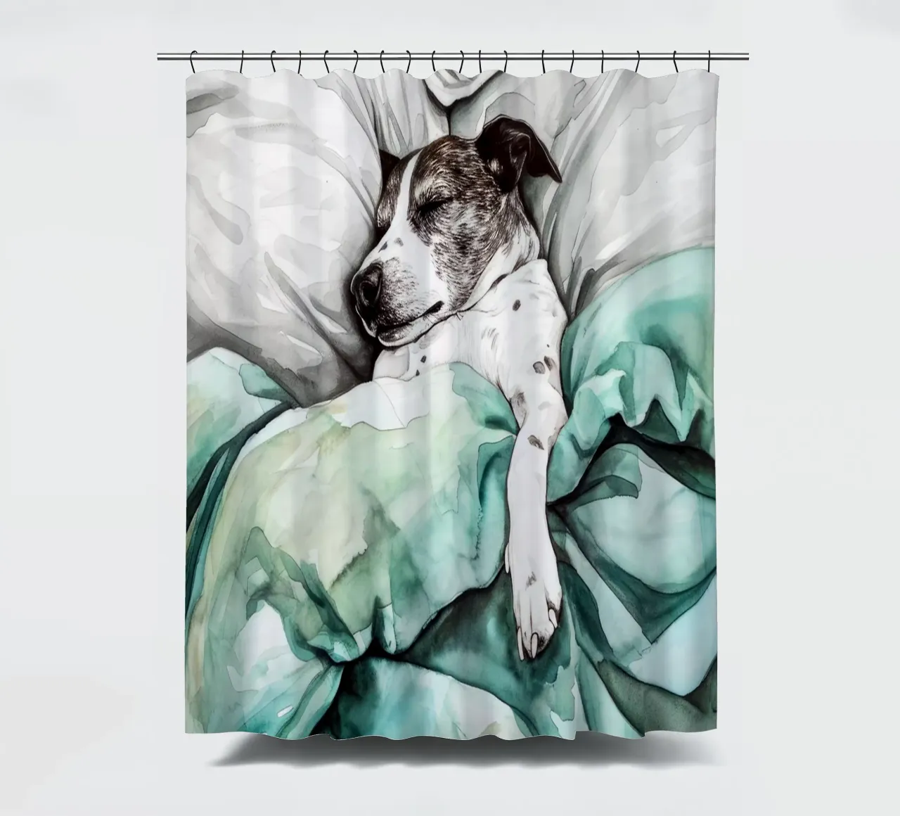 Another Sleeping dog in my bed shower curtain by Justyna Jaszke JBJart