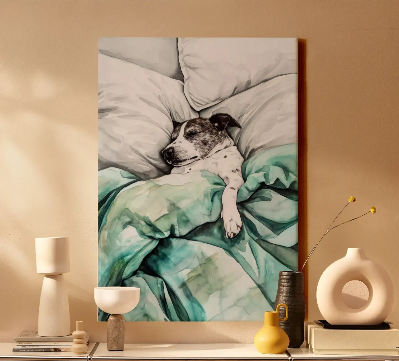 Another Sleeping dog in my bed canvas by Justyna Jaszke JBJart