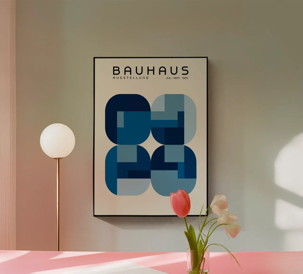 Poster per la mostra Bauhaus, quadrati geometrici astratti blu plexiglass da Grungeo