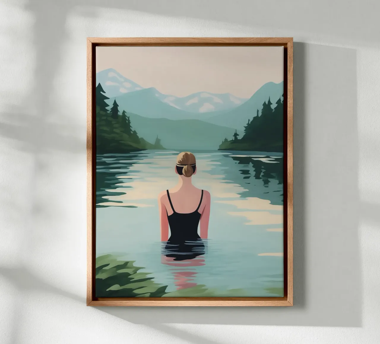 Acque tranquille | Donna in un lago di montagna autunnale tela con Cornice a cassetta da Autofocus