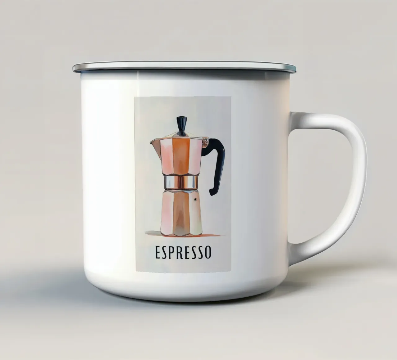 La routine mattutina con la moka tazza in smalto da Carinaprint