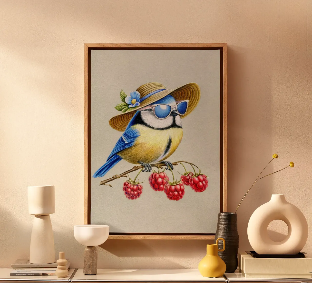 Summer Bird Leinwand mit Schattenfugenrahmen von Graphit und Farbe