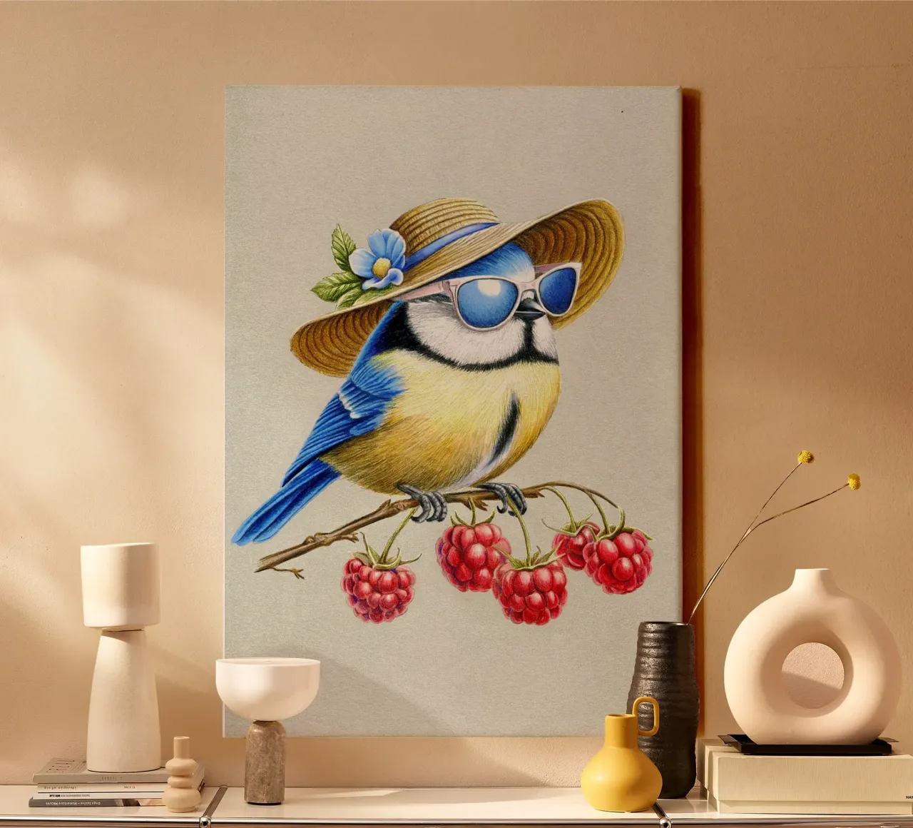 Summer Bird Leinwand mit Schattenfugenrahmen von Graphit und Farbe