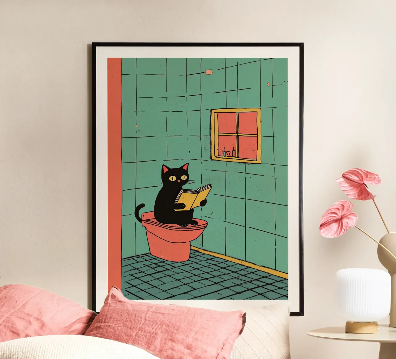 Black Cat Reading Retro Pop Art Poster poster with aluminum frame by NorwesClub