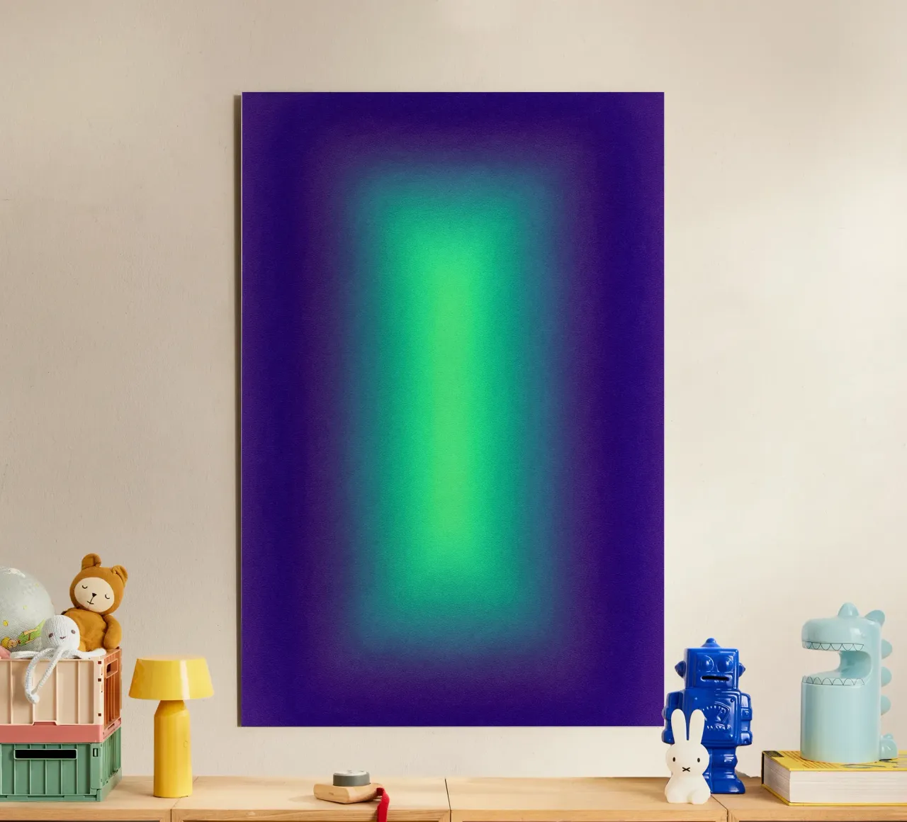 Neon Glow Art - Centro verde in un campo di colore viola alluminio dibond da SMPLE