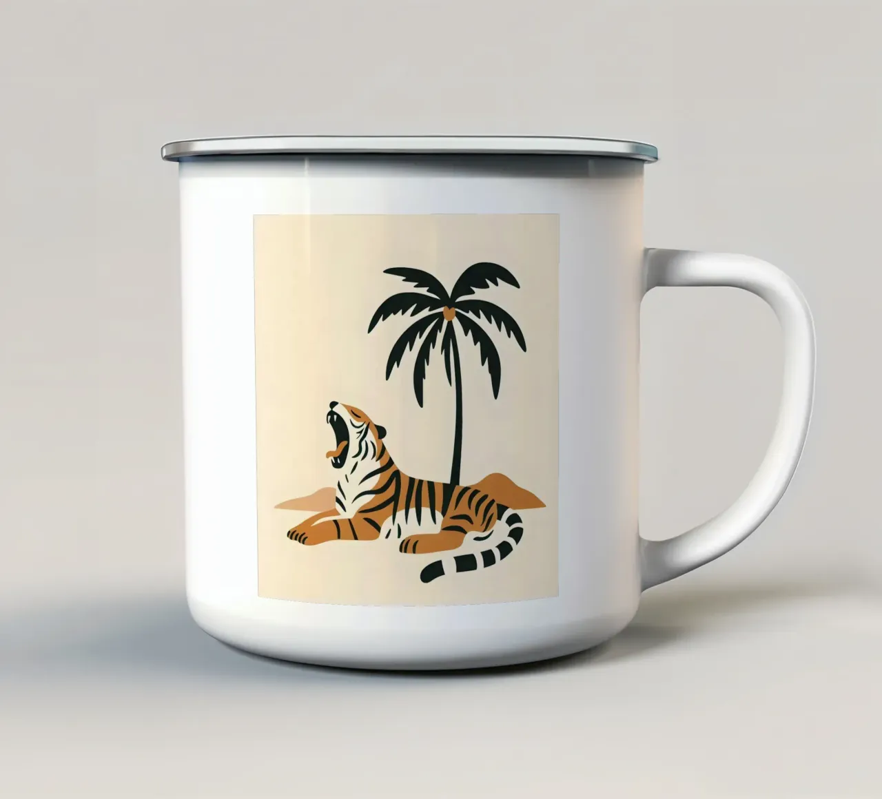 Tigre che sbadiglia sotto una noce di cocco, in stile boho tazza in smalto da KANESYAARTS