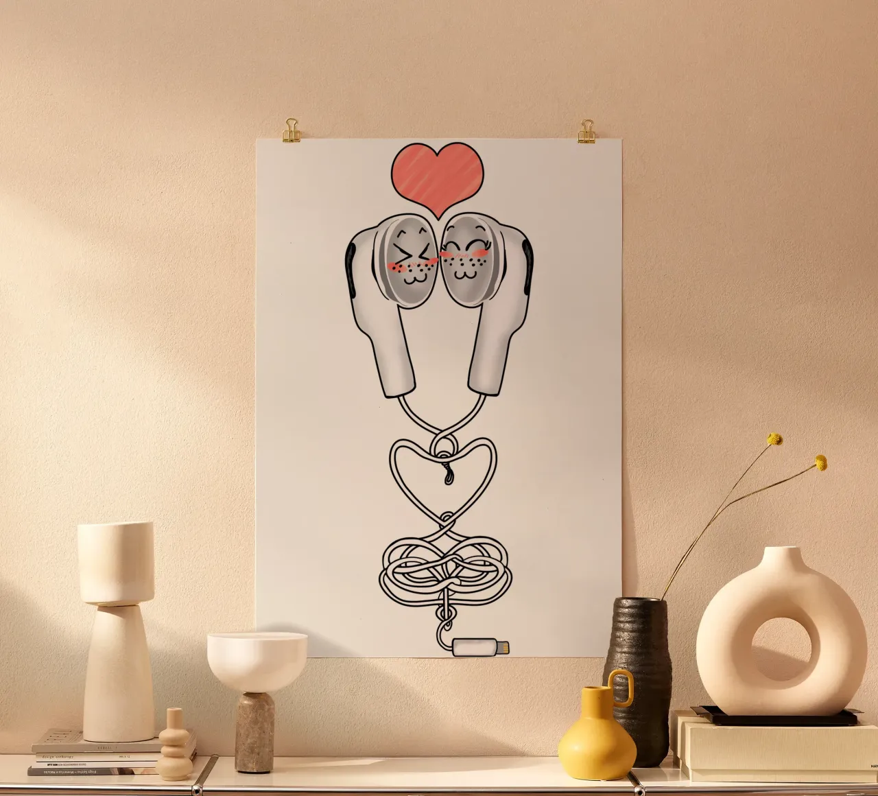 Divertente amore Kawaii auricolari coppia musica design Y2K poster da sillyindustries