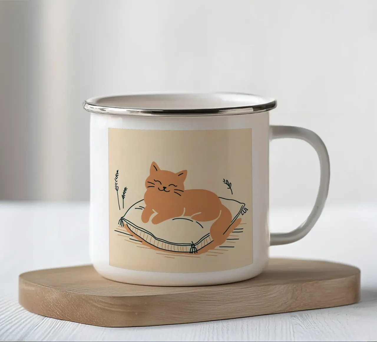 Gatto felice su cuscino - Stile Boho tazza in smalto da KANESYAARTS
