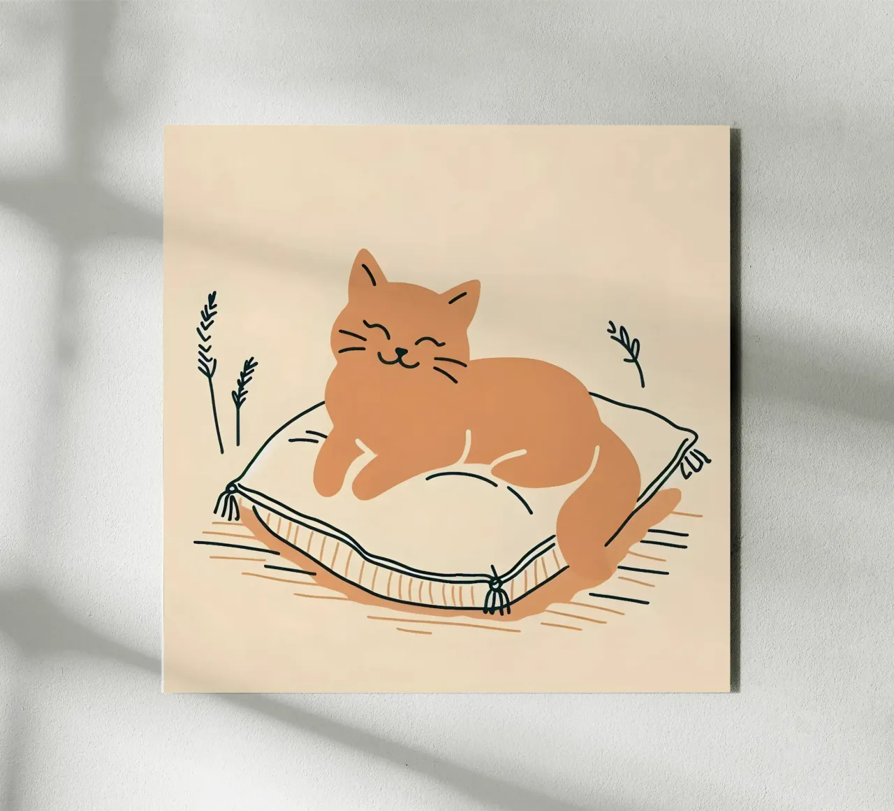Gatto felice su cuscino - Stile Boho alluminio dibond da KANESYAARTS