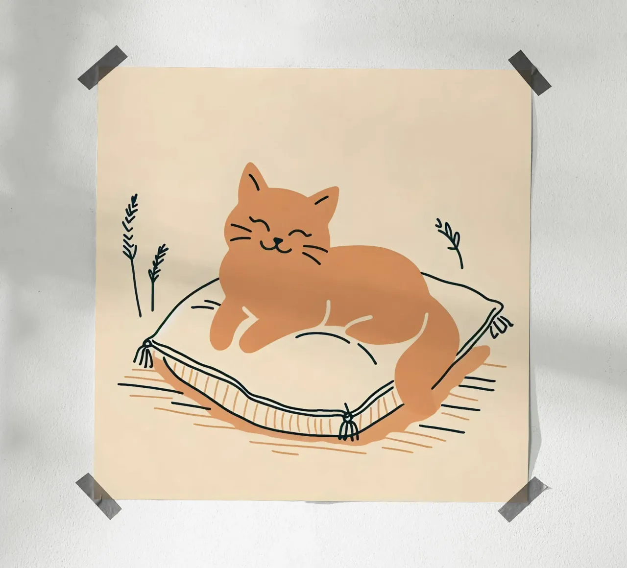 Gatto felice su cuscino - Stile Boho carta hahnemühle da KANESYAARTS