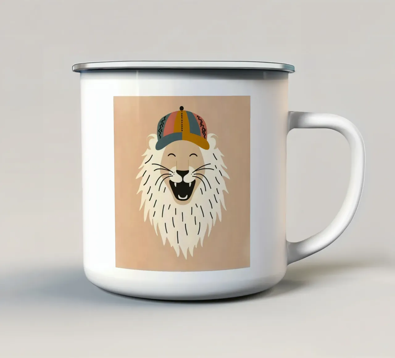 Leone boho felice con cappello tazza in smalto da KANESYAARTS