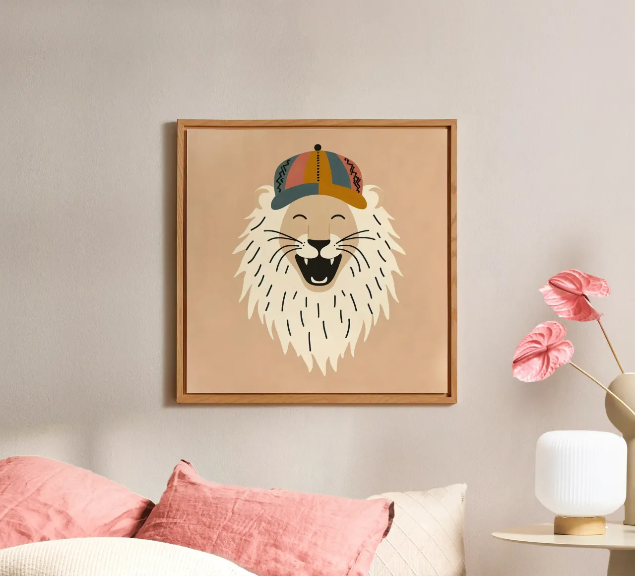 Leone boho felice con cappello alluminio dibond da KANESYAARTS