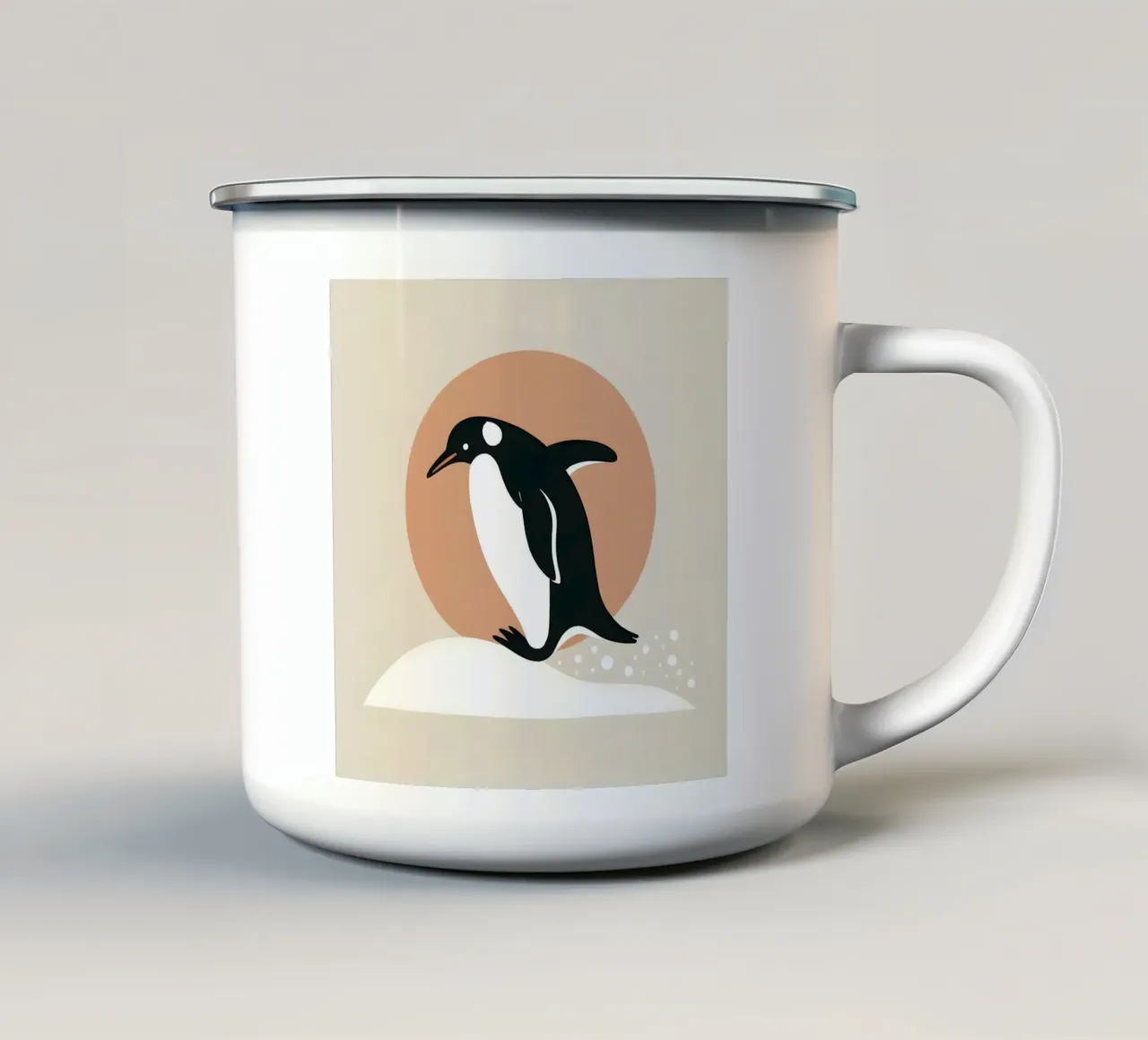 Pinguino felice che gioca nella neve tazza in smalto da KANESYAARTS