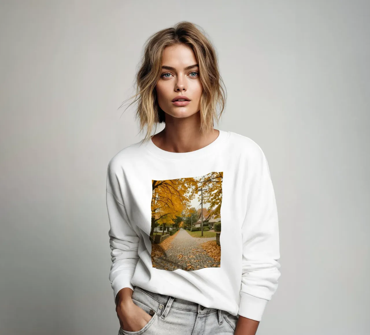 Cobblestone Path Lined with Autumn Trees and Houses sweatshirt by DesignDoodle