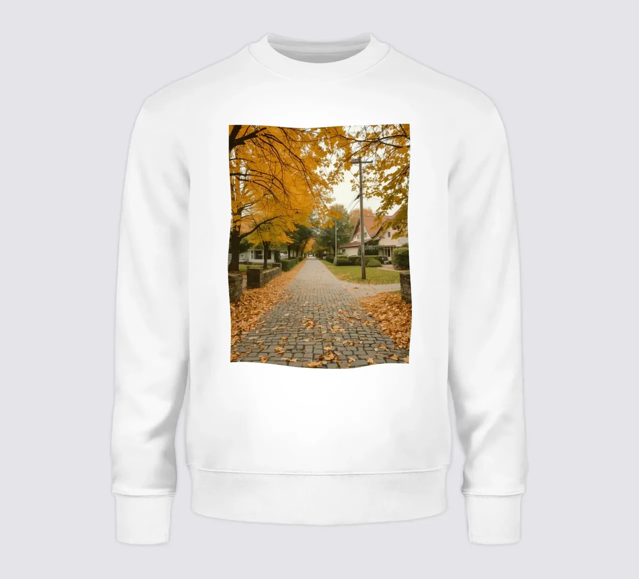 Cobblestone Path Lined with Autumn Trees and Houses sweatshirt by DesignDoodle