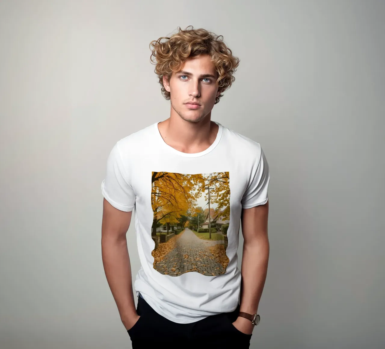 Cobblestone Path Lined with Autumn Trees and Houses t-shirt by DesignDoodle