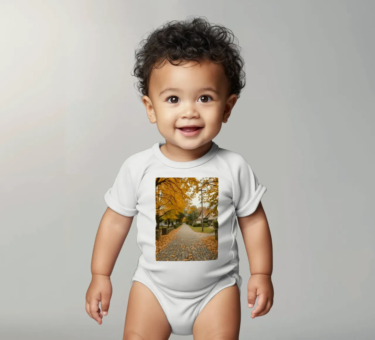 Sentiero di ciottoli fiancheggiato da alberi e case autunnali body neonato maniche corte da DesignDoodle