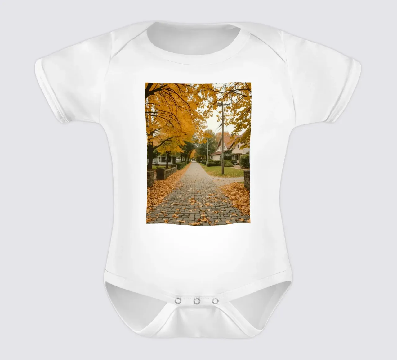 Cobblestone Path Lined with Autumn Trees and Houses short-sleeve baby romper by DesignDoodle