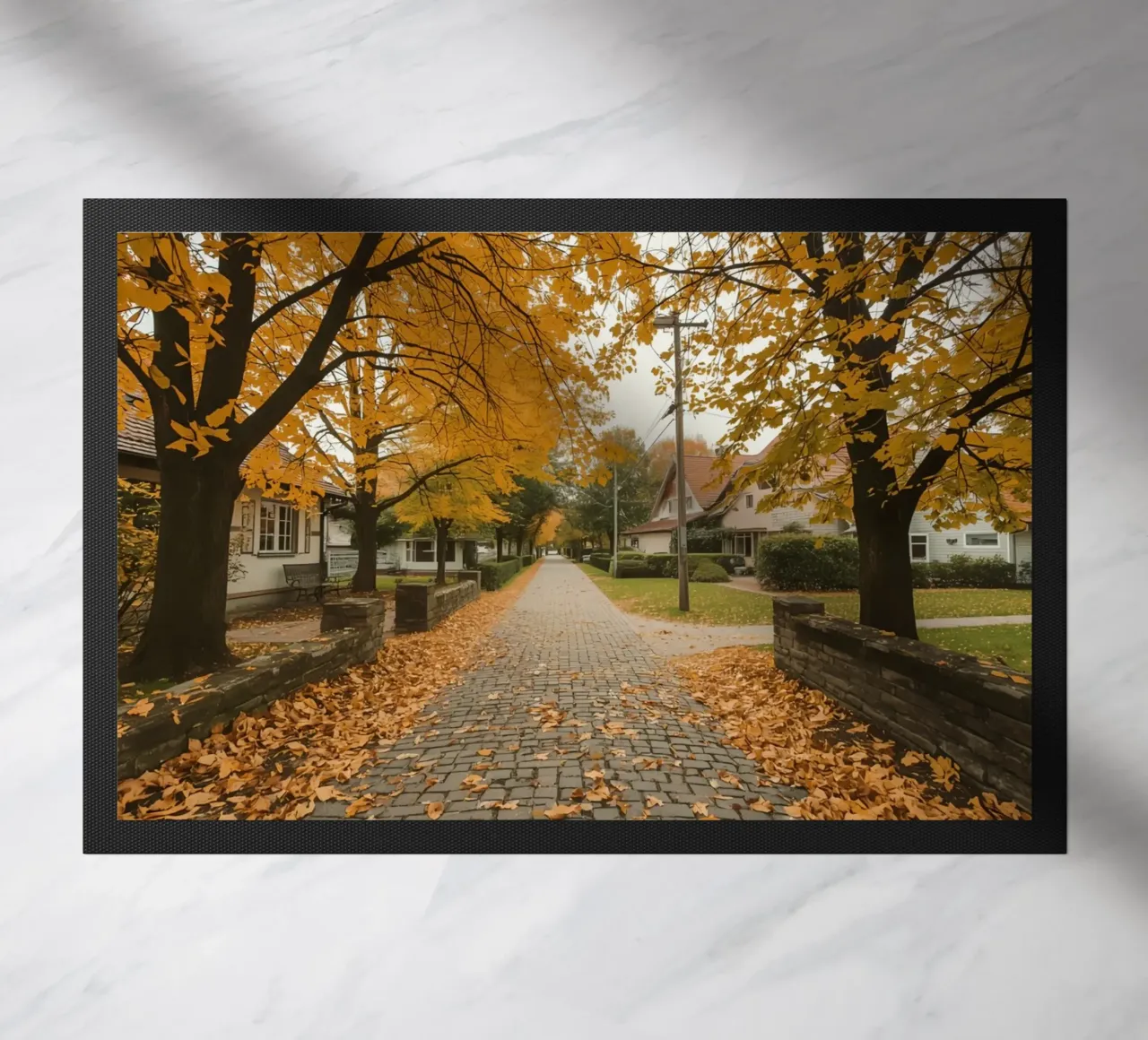 Cobblestone Path Lined with Autumn Trees and Houses doormat by DesignDoodle
