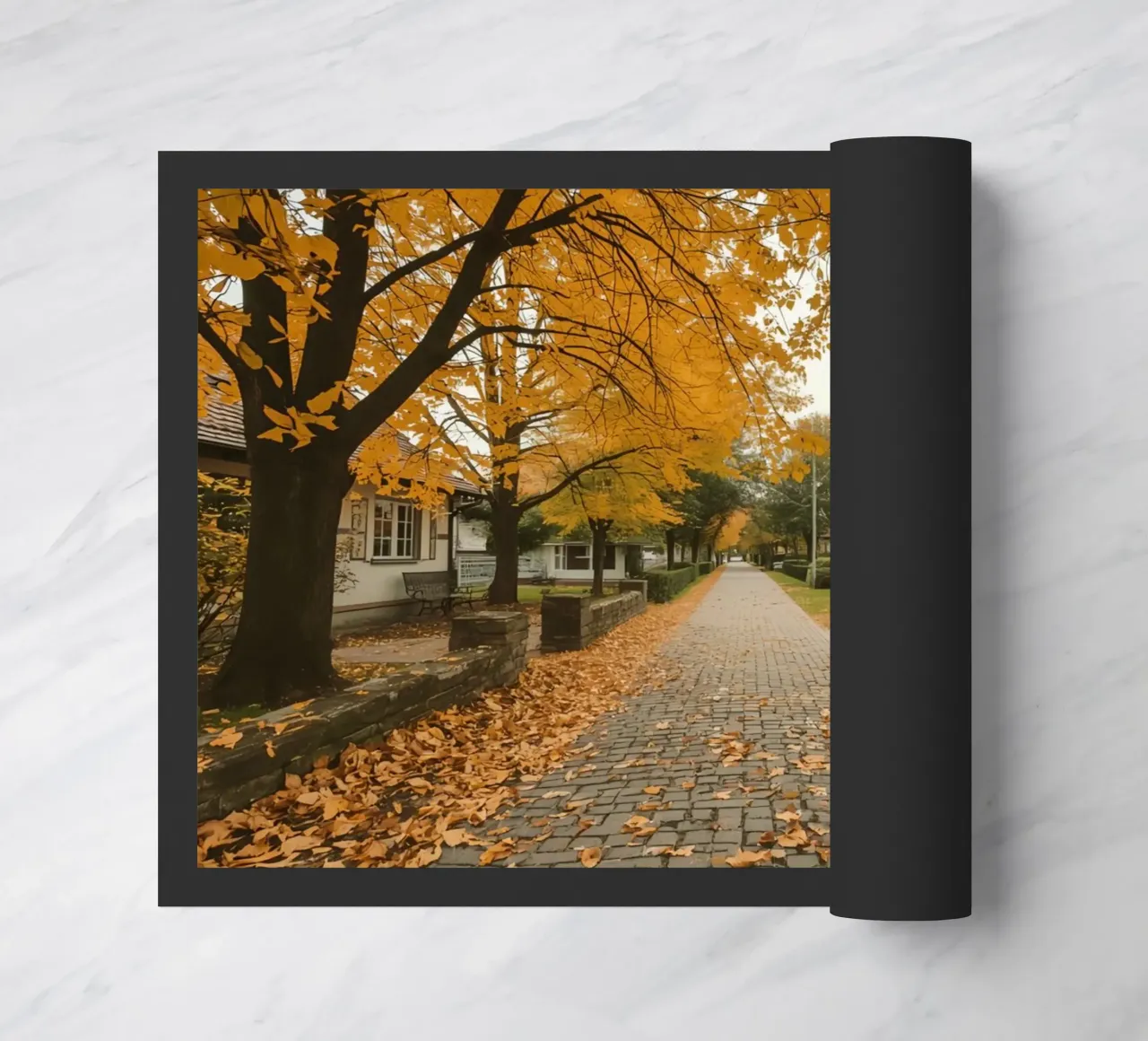 Cobblestone Path Lined with Autumn Trees and Houses doormat by DesignDoodle