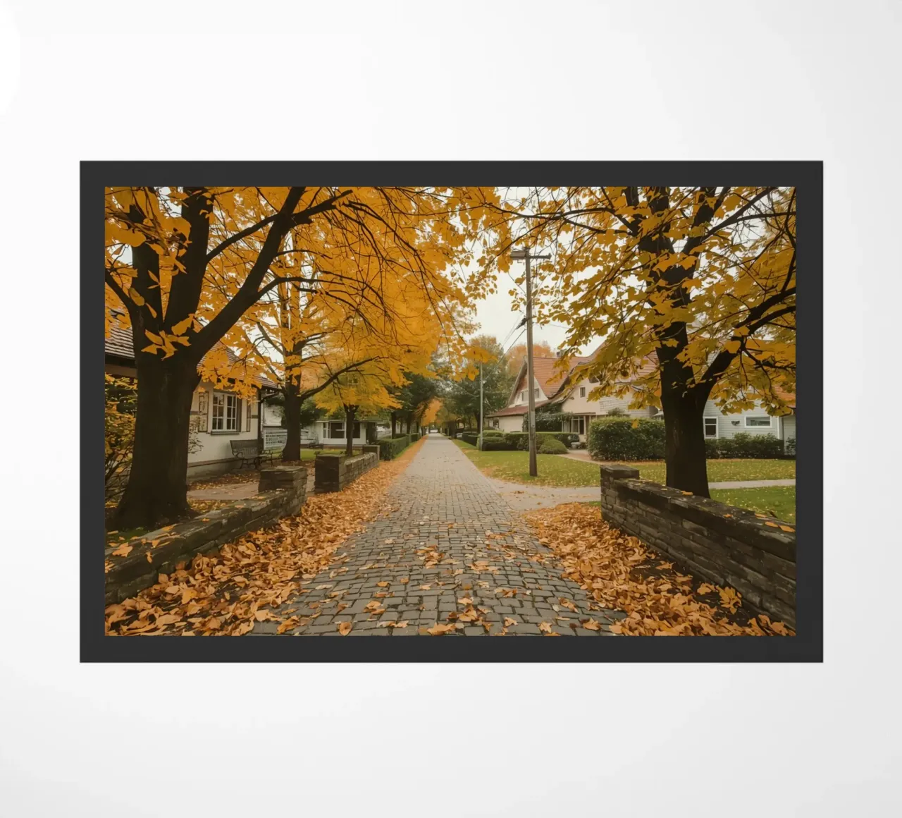 Cobblestone Path Lined with Autumn Trees and Houses doormat by DesignDoodle